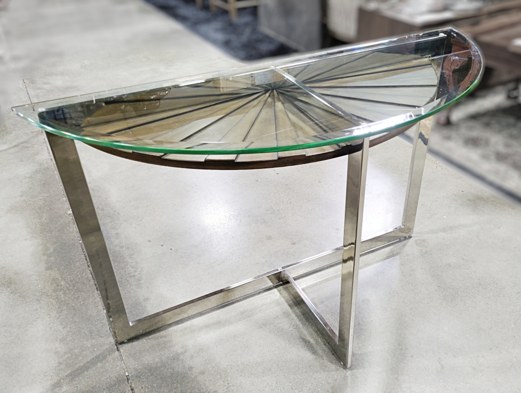 Glass Topped Aluminum & Wood Sofa Table