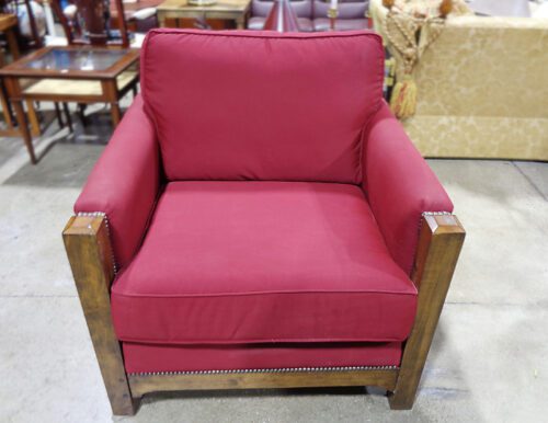 Flexsteel, Mission-style burgundy upholstered armchair.